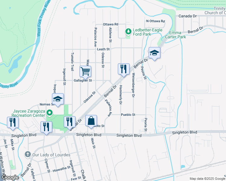 map of restaurants, bars, coffee shops, grocery stores, and more near 4840 Bernal Drive in Dallas