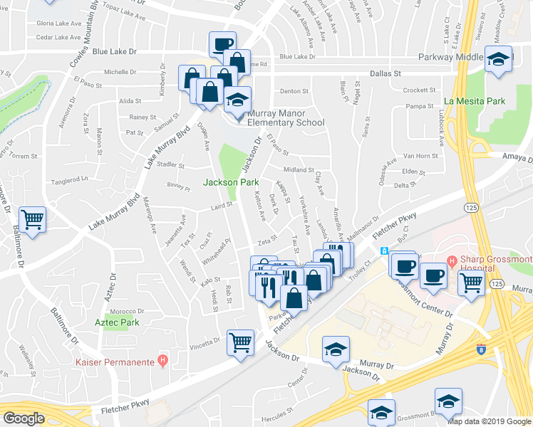 map of restaurants, bars, coffee shops, grocery stores, and more near 5790 Derk Drive in La Mesa