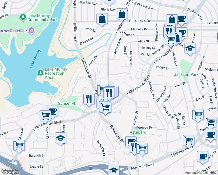 map of restaurants, bars, coffee shops, grocery stores, and more near 5700 Cowles Mountain Boulevard in La Mesa