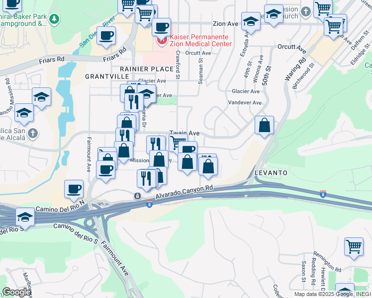 map of restaurants, bars, coffee shops, grocery stores, and more near 6053 Mohler Street in San Diego