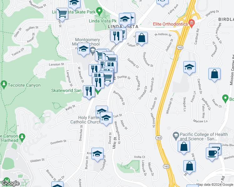 map of restaurants, bars, coffee shops, grocery stores, and more near 2201 Burroughs Street in San Diego