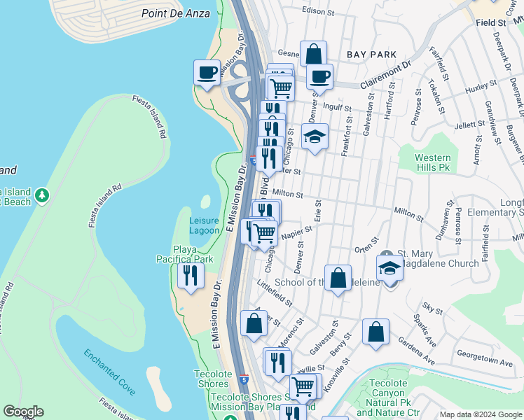map of restaurants, bars, coffee shops, grocery stores, and more near 2065 Morena Boulevard in San Diego