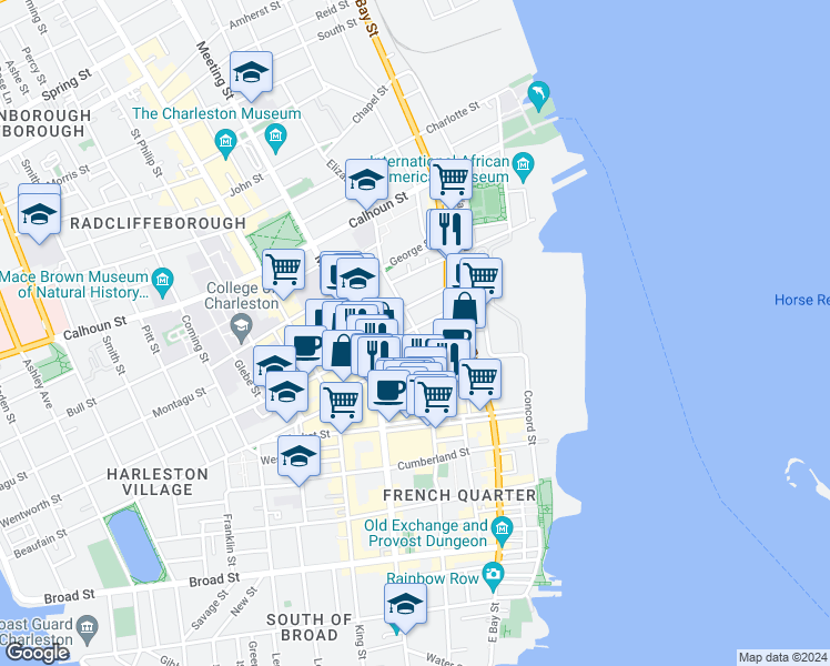 map of restaurants, bars, coffee shops, grocery stores, and more near 53 Anson Street in Charleston