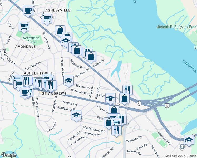 map of restaurants, bars, coffee shops, grocery stores, and more near 23 Moore Drive in Charleston