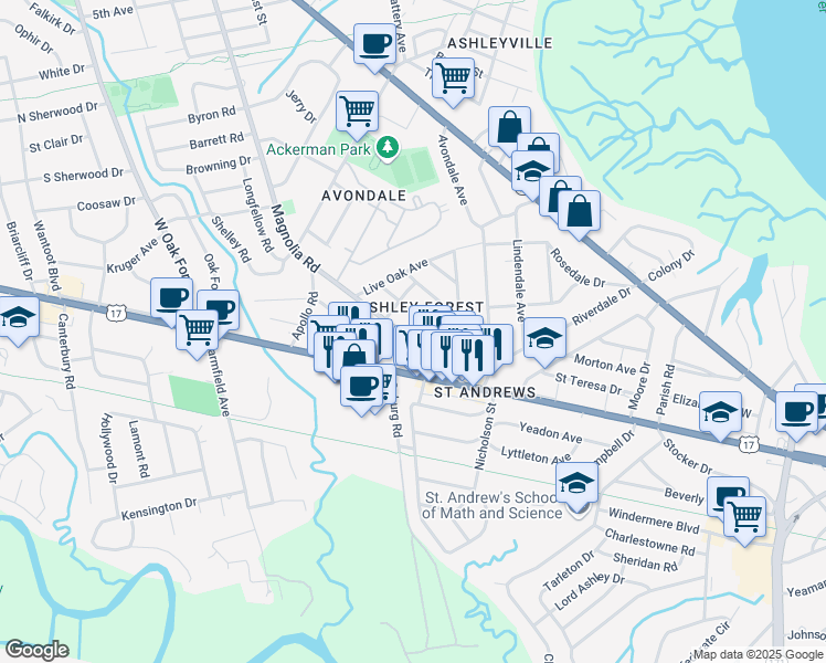 map of restaurants, bars, coffee shops, grocery stores, and more near 202 Hickory Street in Charleston