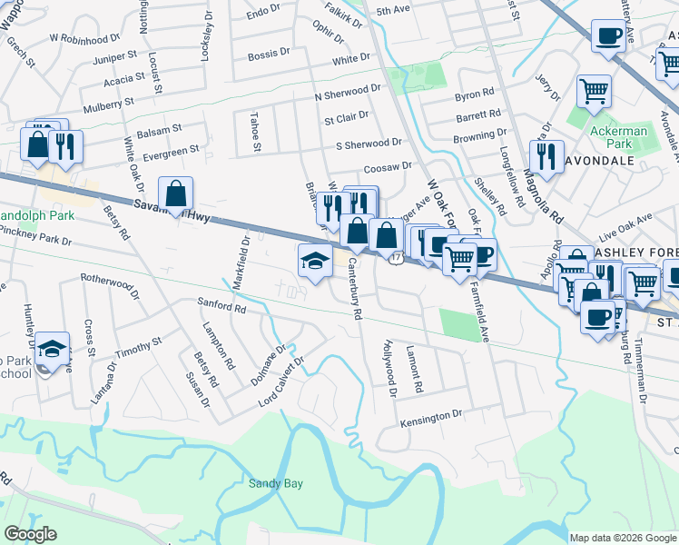 map of restaurants, bars, coffee shops, grocery stores, and more near 1332 Linden Circle in Charleston