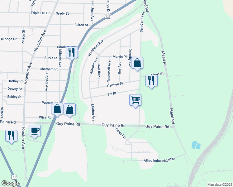 map of restaurants, bars, coffee shops, grocery stores, and more near 603 Shi Place in Macon