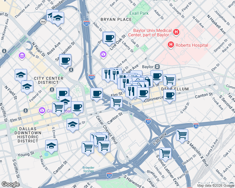 map of restaurants, bars, coffee shops, grocery stores, and more near 2525 Elm Street in Dallas
