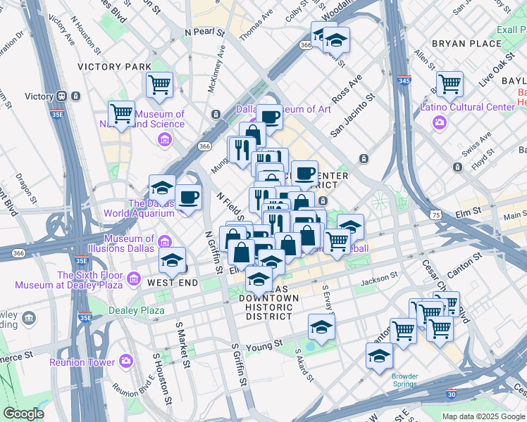 map of restaurants, bars, coffee shops, grocery stores, and more near 511 North Akard Street in Dallas