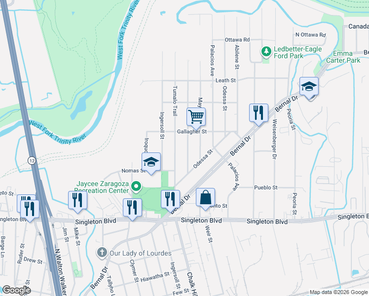 map of restaurants, bars, coffee shops, grocery stores, and more near 3410 Harlingen Street in Dallas