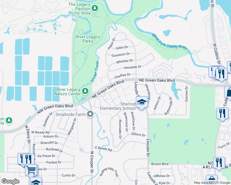 map of restaurants, bars, coffee shops, grocery stores, and more near 501 Tish Circle in Arlington