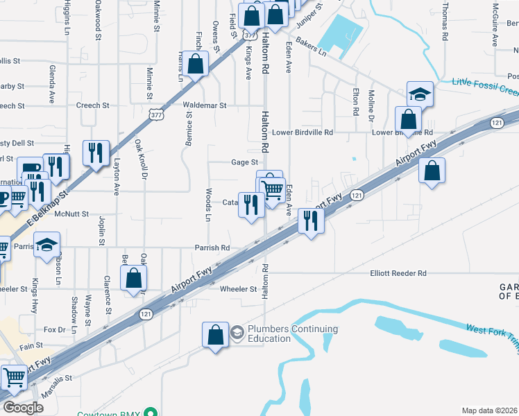 map of restaurants, bars, coffee shops, grocery stores, and more near 1723 Haltom Road in Fort Worth