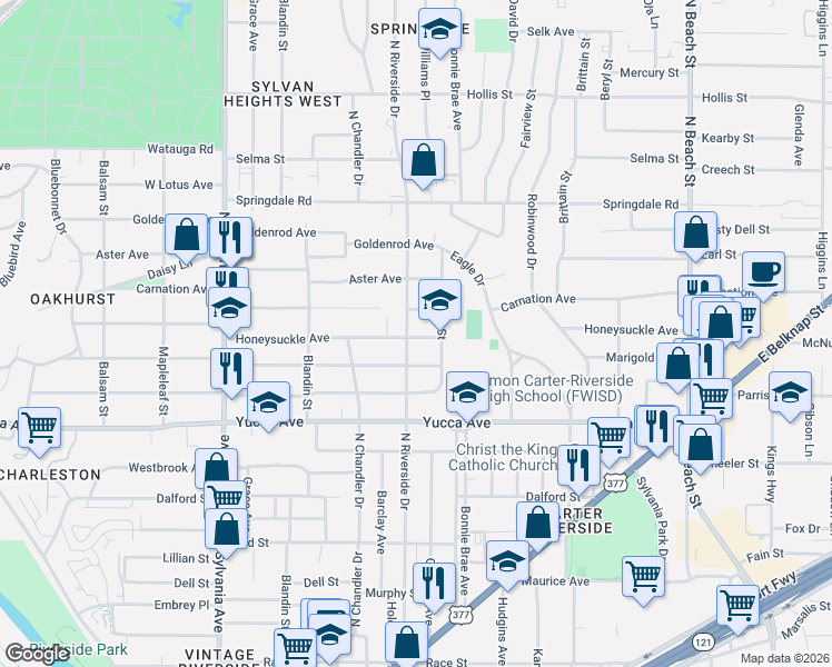 map of restaurants, bars, coffee shops, grocery stores, and more near 3117 Honeysuckle Avenue in Fort Worth