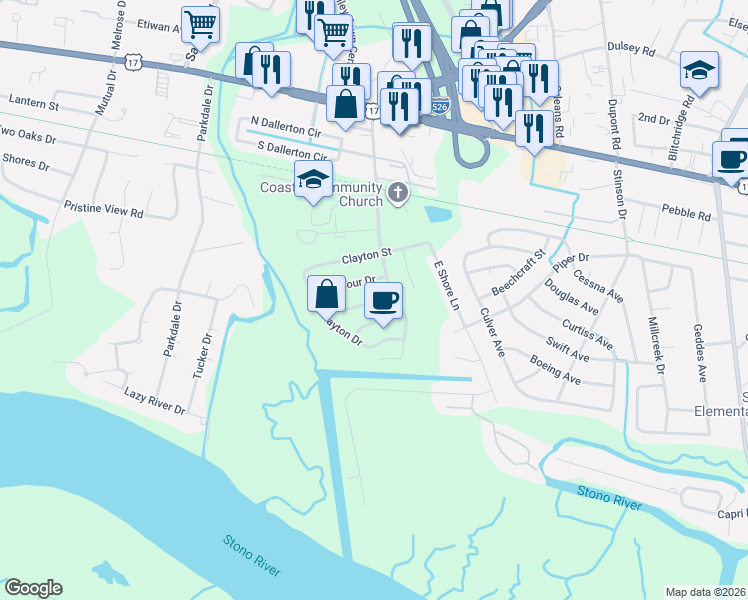 map of restaurants, bars, coffee shops, grocery stores, and more near 512 Stonecreek Drive in Charleston