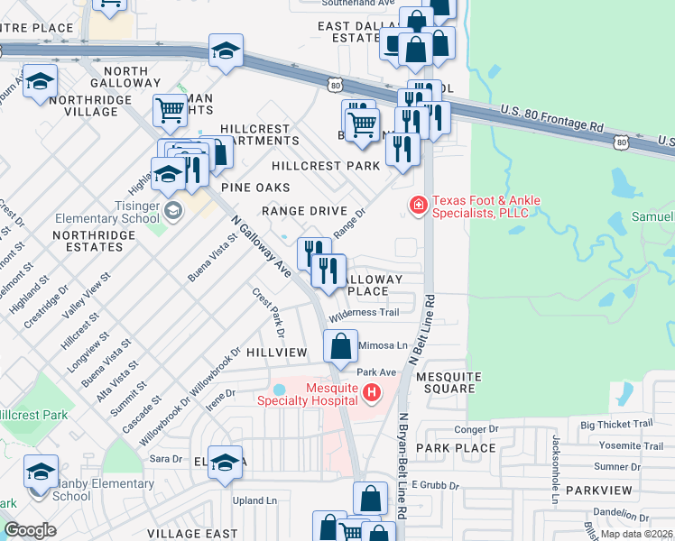 map of restaurants, bars, coffee shops, grocery stores, and more near 313 Overland Trail in Mesquite