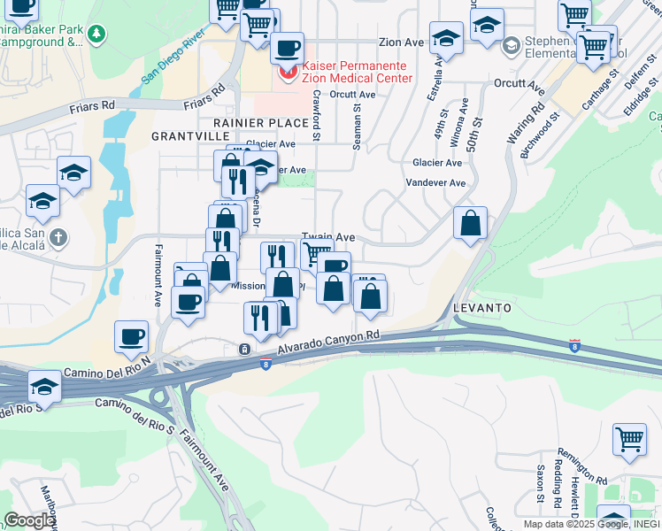 map of restaurants, bars, coffee shops, grocery stores, and more near 6053 Mohler Street in San Diego