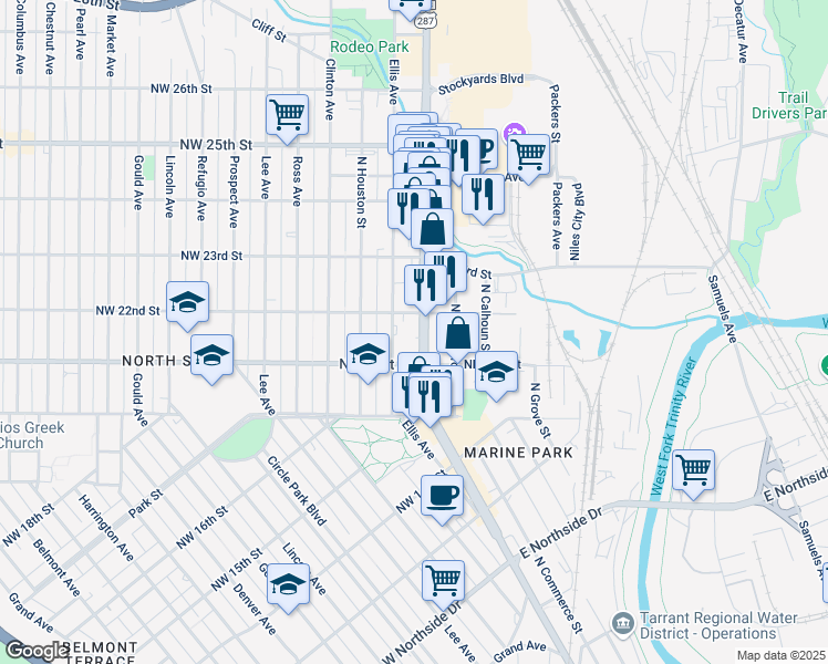 map of restaurants, bars, coffee shops, grocery stores, and more near 2120 Ellis Avenue in Fort Worth