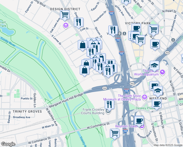 map of restaurants, bars, coffee shops, grocery stores, and more near 111 Continental Avenue in Dallas