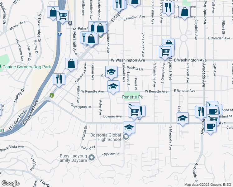 map of restaurants, bars, coffee shops, grocery stores, and more near 669 West Renette Avenue in El Cajon