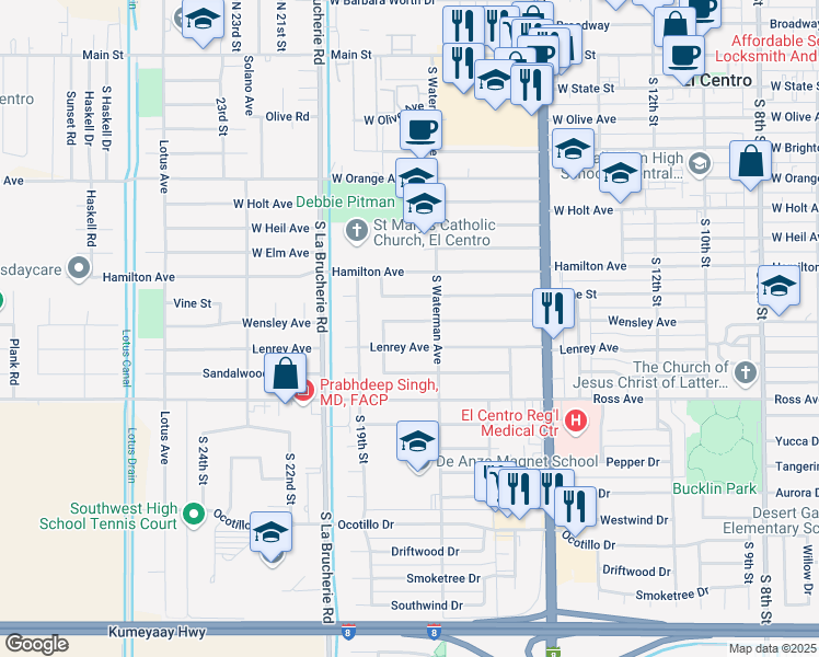 map of restaurants, bars, coffee shops, grocery stores, and more near 1745 Wensley Avenue in El Centro