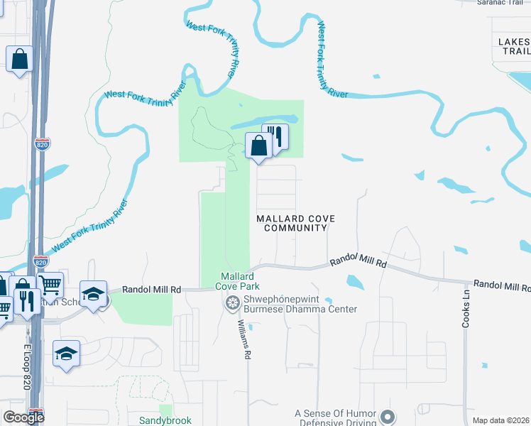 map of restaurants, bars, coffee shops, grocery stores, and more near 7236 Retriever Lane in Fort Worth