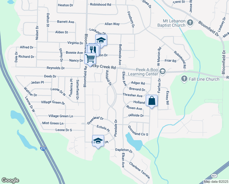 map of restaurants, bars, coffee shops, grocery stores, and more near Ashland Drive in Bibb County