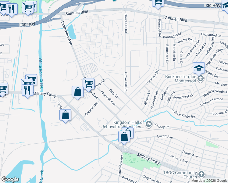 map of restaurants, bars, coffee shops, grocery stores, and more near 5651 Cary Street in Dallas