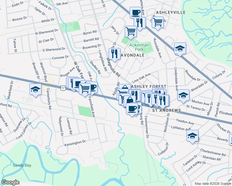 map of restaurants, bars, coffee shops, grocery stores, and more near 5 Apollo Road in Charleston