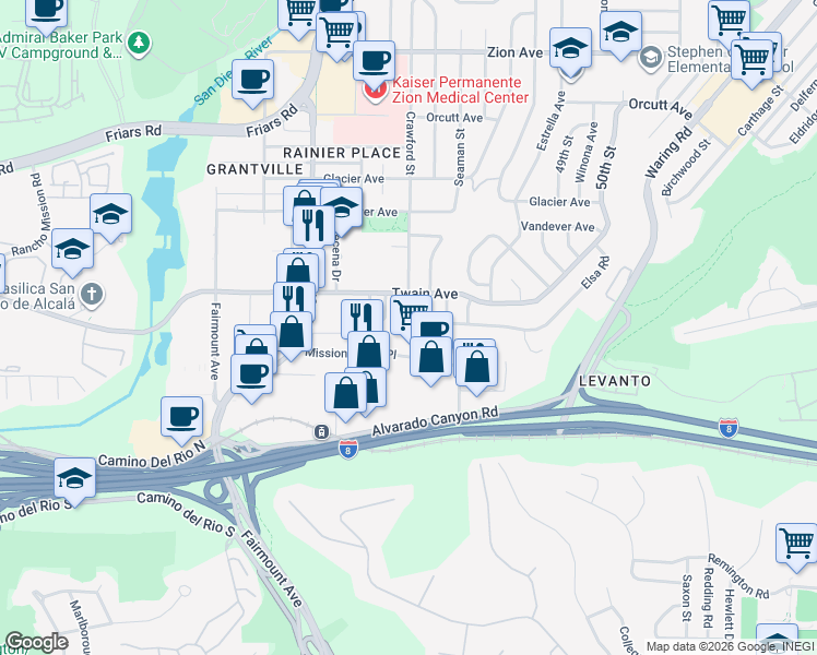 map of restaurants, bars, coffee shops, grocery stores, and more near 4701 Elsa Road in San Diego
