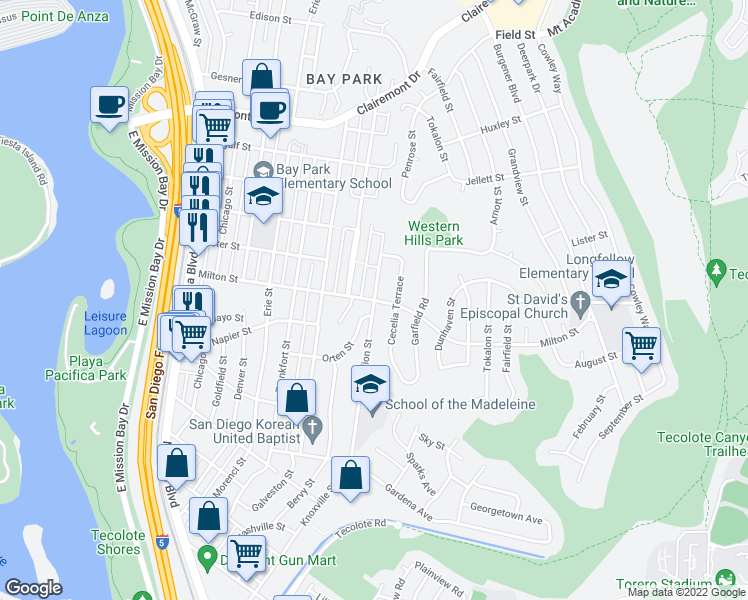 map of restaurants, bars, coffee shops, grocery stores, and more near Milton Street & Illion Street in San Diego