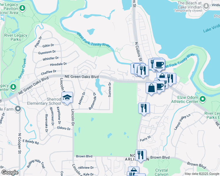 map of restaurants, bars, coffee shops, grocery stores, and more near 2725 Sunrise Drive in Arlington