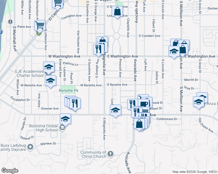 map of restaurants, bars, coffee shops, grocery stores, and more near 171 East Renette Avenue in El Cajon