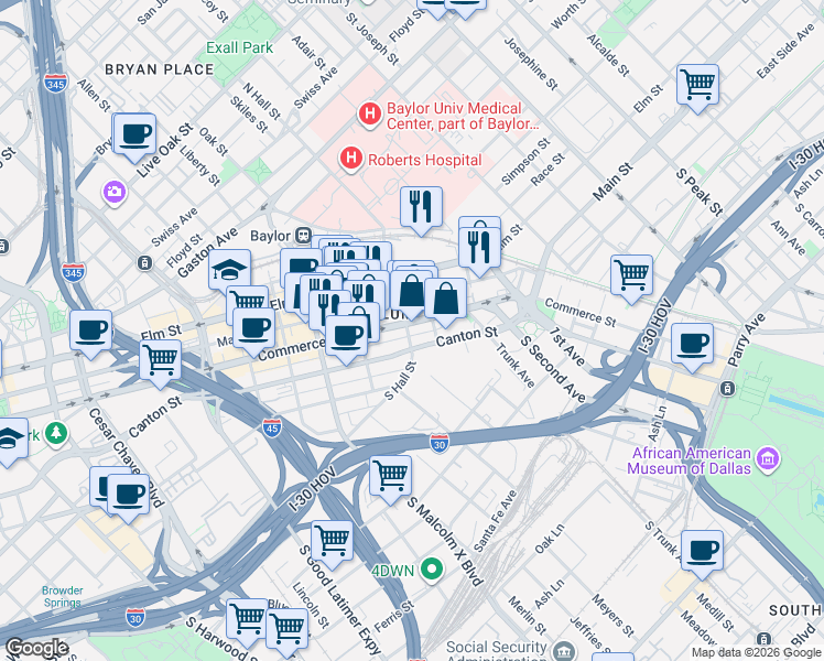 map of restaurants, bars, coffee shops, grocery stores, and more near 3124 Commerce Street in Dallas
