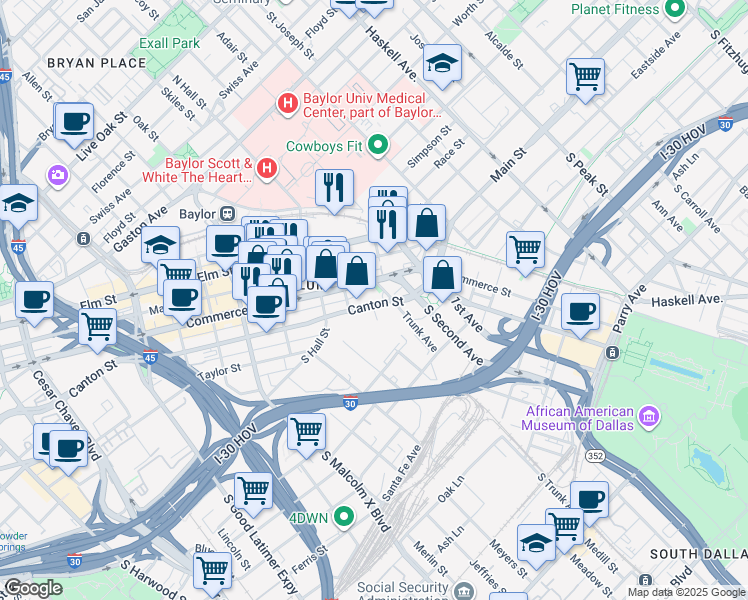 map of restaurants, bars, coffee shops, grocery stores, and more near 3223 Canton Street in Dallas
