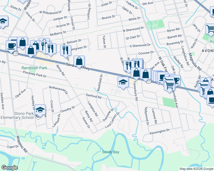 map of restaurants, bars, coffee shops, grocery stores, and more near 19 Leinbach Drive in Charleston