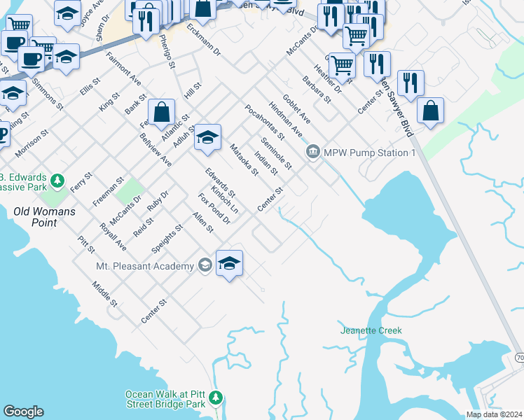 map of restaurants, bars, coffee shops, grocery stores, and more near 703 Center Street in Mount Pleasant