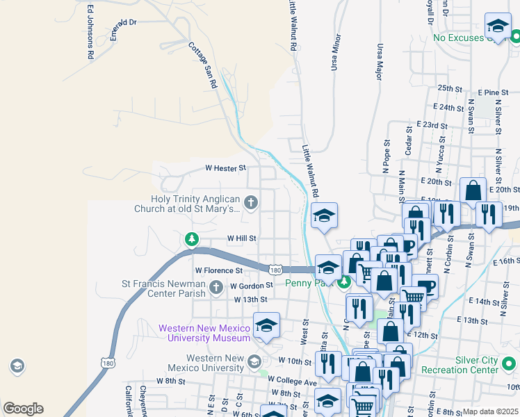 map of restaurants, bars, coffee shops, grocery stores, and more near 1813 North Alabama Street in Silver City
