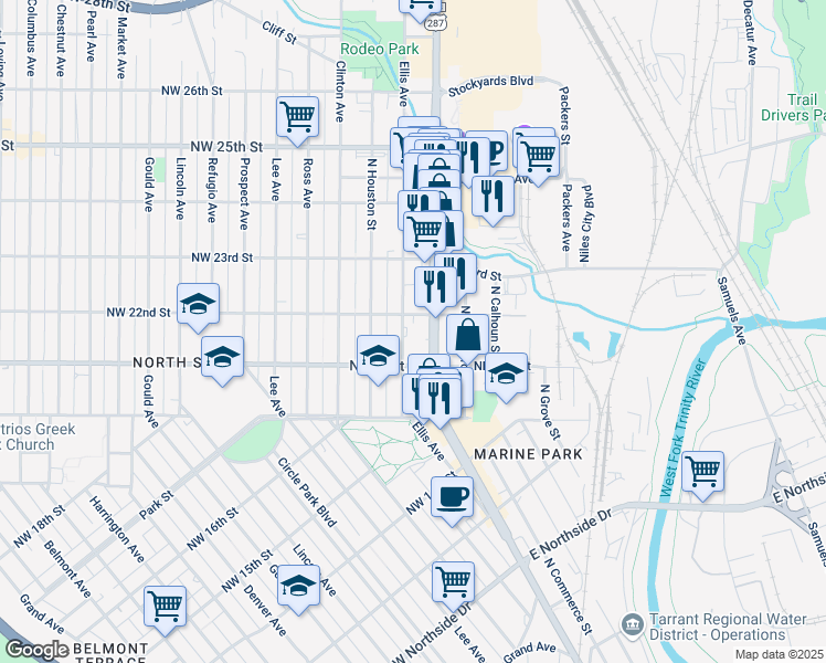 map of restaurants, bars, coffee shops, grocery stores, and more near 2120 Ellis Avenue in Fort Worth