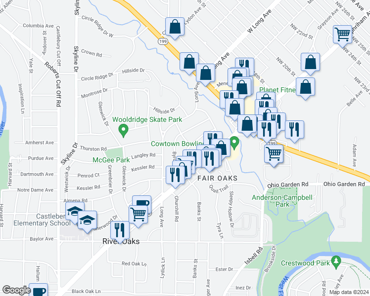 map of restaurants, bars, coffee shops, grocery stores, and more near 1429 Lawrence Road in River Oaks