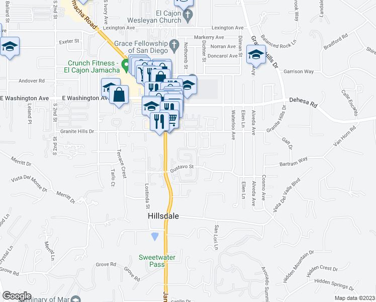 map of restaurants, bars, coffee shops, grocery stores, and more near 1525 Granite Hills Drive in El Cajon