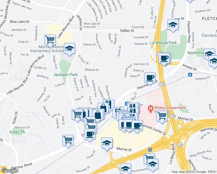map of restaurants, bars, coffee shops, grocery stores, and more near 5775 Amarillo Avenue in La Mesa
