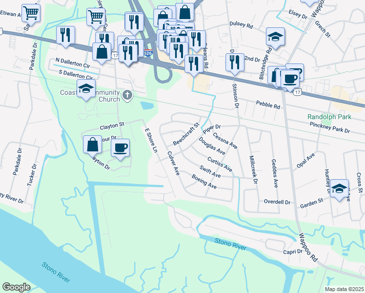 map of restaurants, bars, coffee shops, grocery stores, and more near 2024 Piper Drive in Charleston