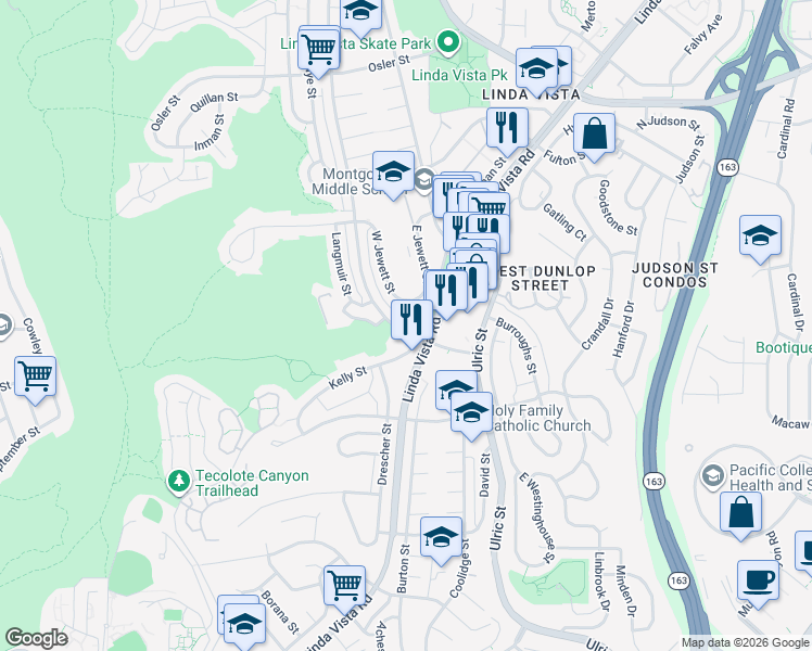 map of restaurants, bars, coffee shops, grocery stores, and more near 2201 Comstock Street in San Diego