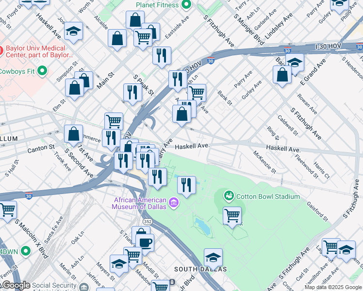 map of restaurants, bars, coffee shops, grocery stores, and more near 936 South Haskell Avenue in Dallas