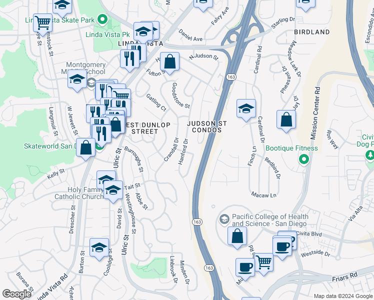map of restaurants, bars, coffee shops, grocery stores, and more near 7504 Gateshead Street in San Diego