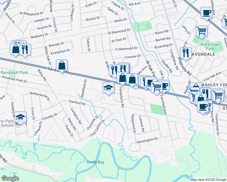 map of restaurants, bars, coffee shops, grocery stores, and more near 1332 Linden Circle in Charleston