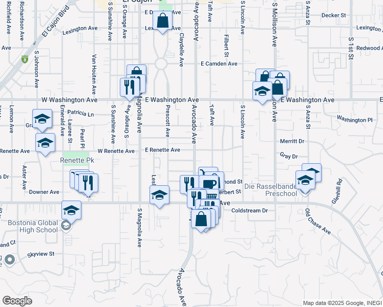 map of restaurants, bars, coffee shops, grocery stores, and more near 399 East Renette Avenue in El Cajon