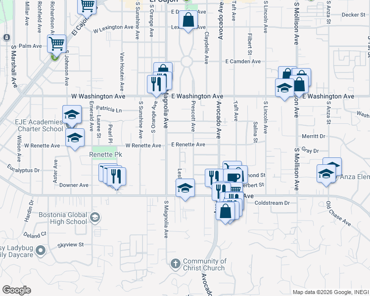 map of restaurants, bars, coffee shops, grocery stores, and more near 171 East Renette Avenue in El Cajon