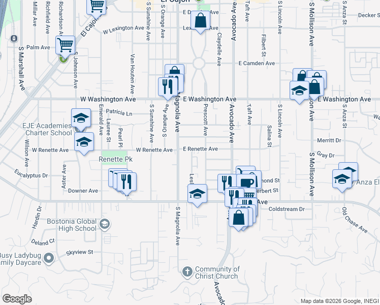 map of restaurants, bars, coffee shops, grocery stores, and more near 171 East Renette Avenue in El Cajon