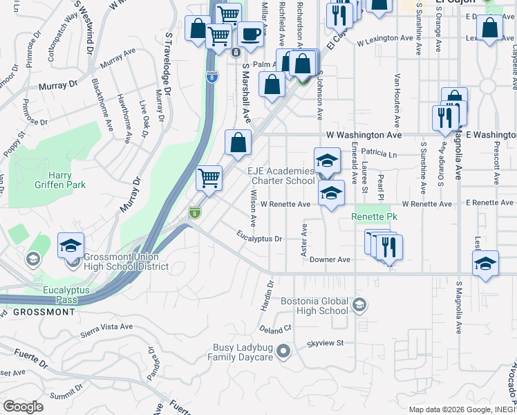 map of restaurants, bars, coffee shops, grocery stores, and more near 1023 West Renette Avenue in El Cajon